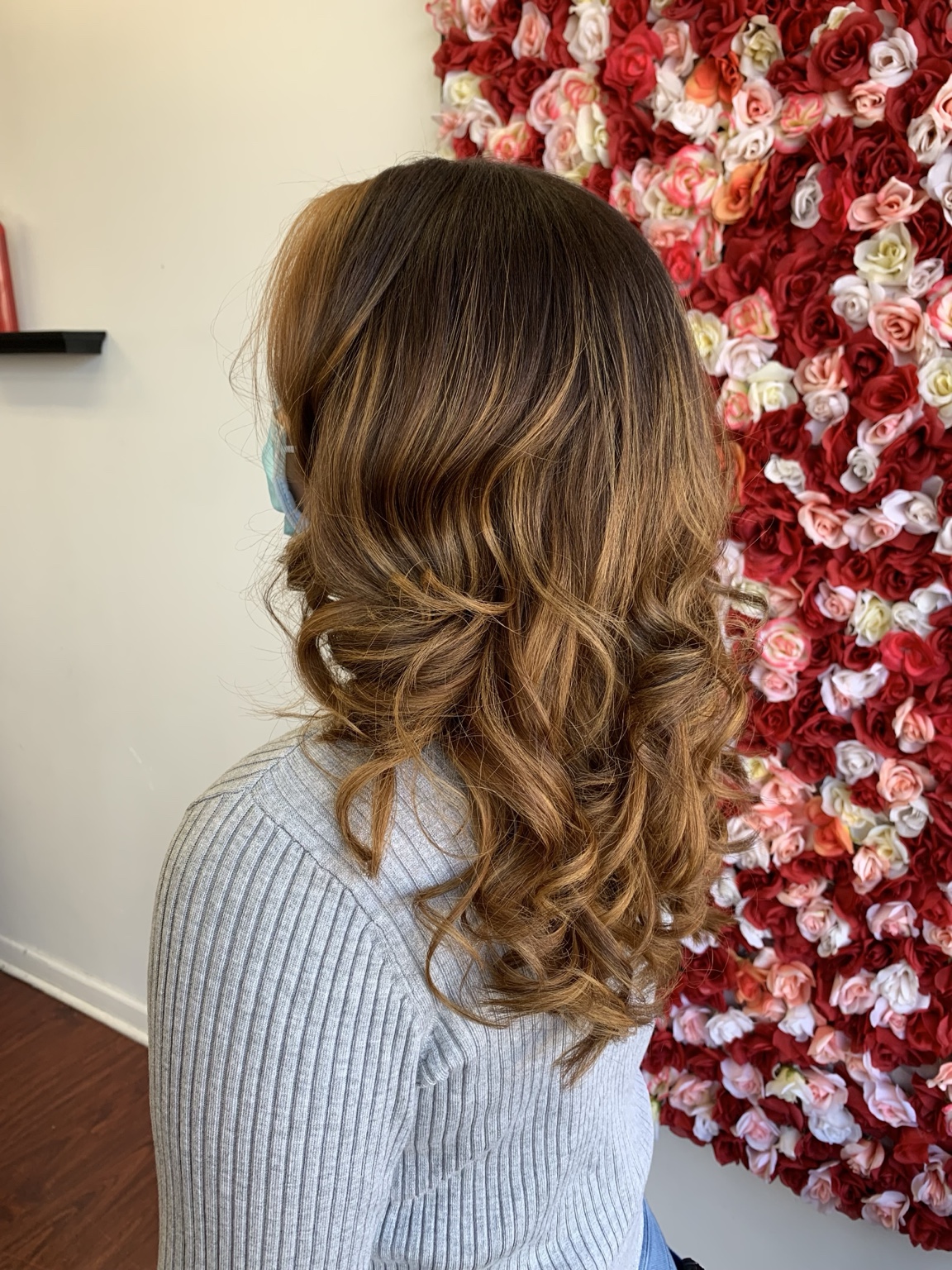 Warm brunette balayage with caramel ribbons